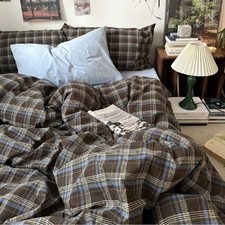 Gingham Duvet Cover Set Queen Size Brown Blue Bedding Set for Girls Boys,Vint...