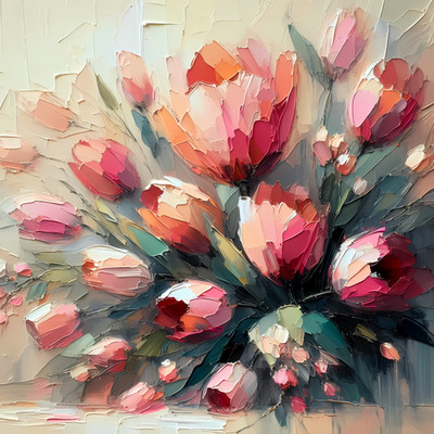 Rosa Tulpe AI Kunstdruck, Impasto Strukturmalerei, bedruckbare Wandkunst, digital