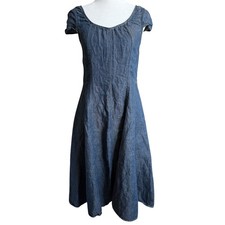Y2K 100% Linen Denim Cap Sleeve Fit Flare Dress S/M Lagenlook Romantic Talbots