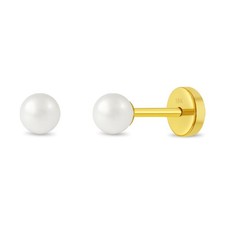 18k Gold Freshwater Cultured Pearl 4mm Baby / Kids Earrings Safety Push Back