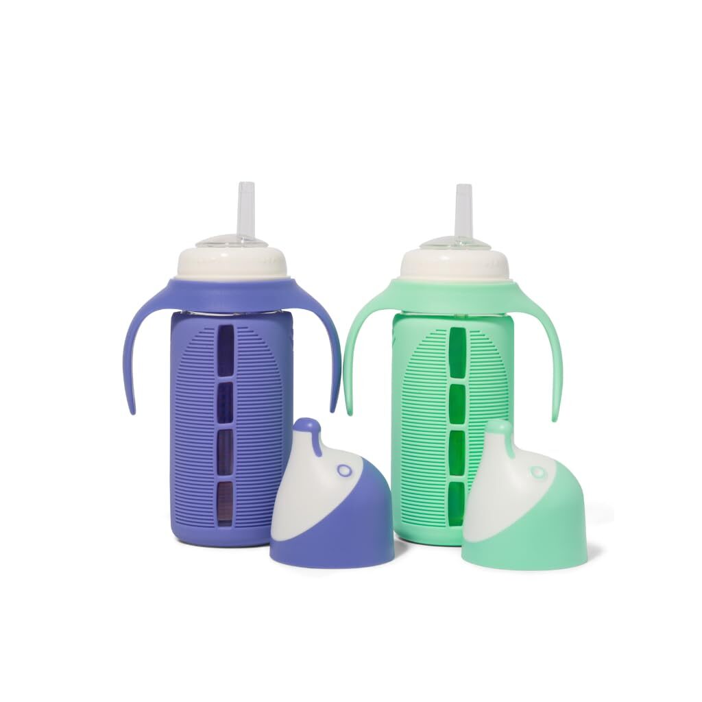 Set of 2 - Glass Sippy Cup for Toddlers - The Luca | Mint Green & Indigo Purp...