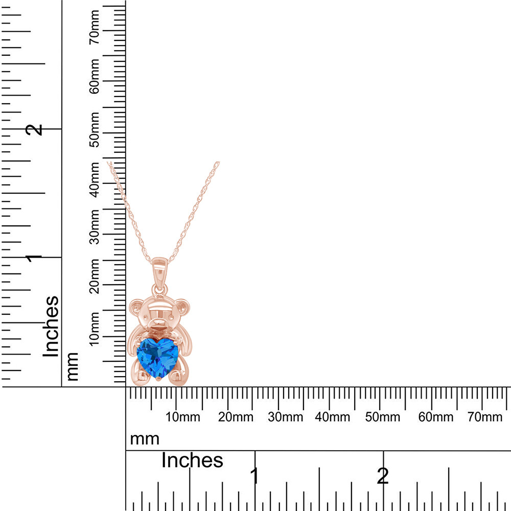 Simulated Blue Topaz Love Heart Teddy Bear Pendant Necklace 14k Rose Gold Plated