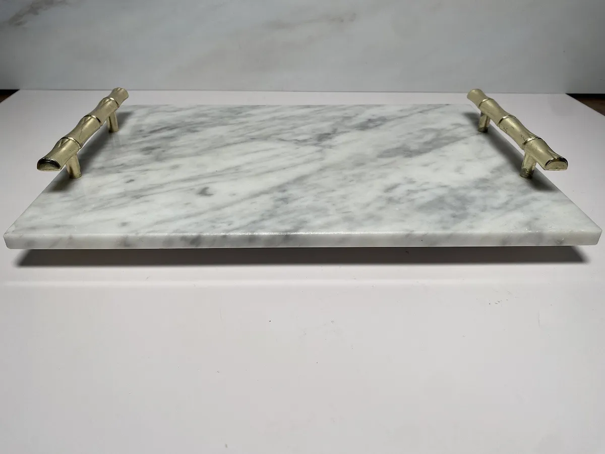 Vintage Marble Tray Cutting Board Brass Bamboo Style Handles Italian Vanity