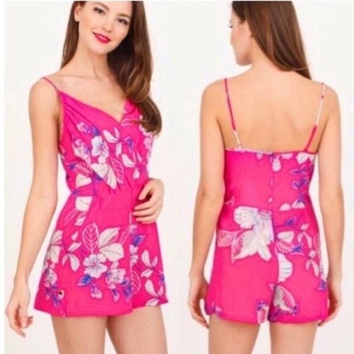 Yumi Kim Pink Blue Floral V-Neck Cami Zip Romper - Picture 7 of 8