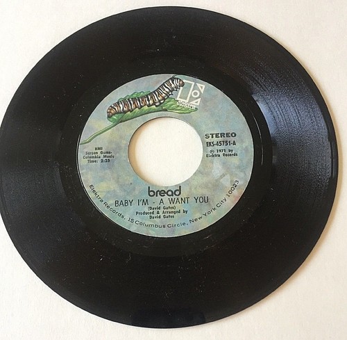 45 Record 1971 BREAD Baby I'm - A Want You / Trukin' - Elekra Records - Picture 2 of 5