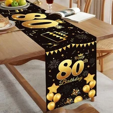 80th Birthday Table Runner Black Gold 72 Inch Long Happy 80th Birthday Table ...