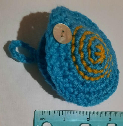 Handmade crochet 3.5 inch Ear bud case blue acrylic yarn shell button clousure - Picture 4 of 5