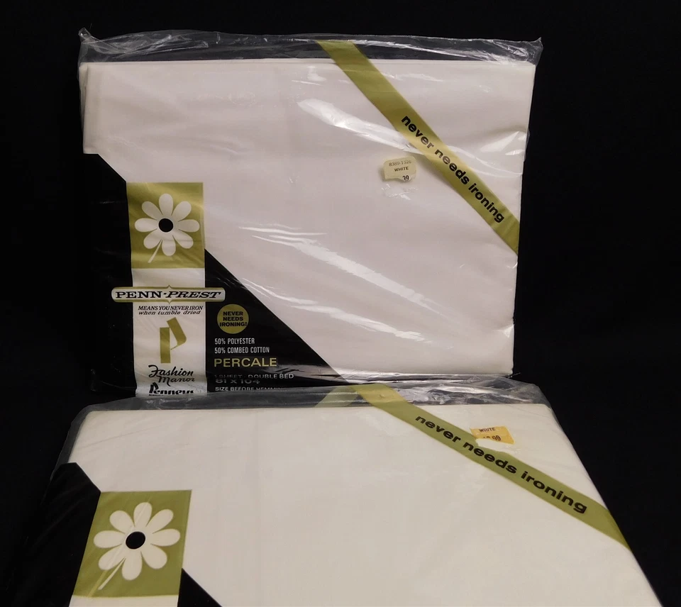 2 NOS Penn-Prest Percale JC Penneys Double Bed Sheet Set Flat 60s Vtg 81 x 104 - Image 3 of 4