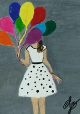 ACEO Original Acrylic Painting GIRL WITH BALLOONS Miniature Art Card New