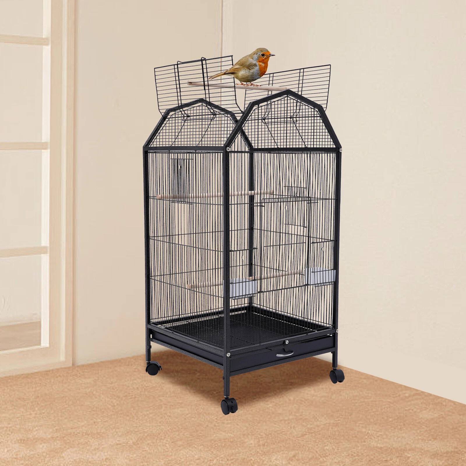 Black Large Bird Cage wit Rolling Stand Cockatiel Parakeet Finch Parrot Birdcage