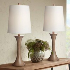 Farmhouse Table Lamps Set of 2 Column Light Oak Faux Wood Living Room Bedroom