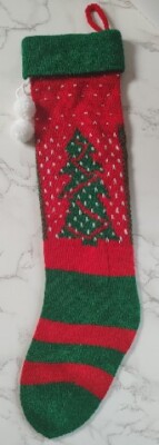 Vtg Christmas Stocking Tree Snow Evergreen Two Pom Poms Stocking A19