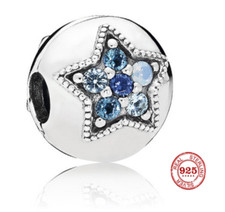 Charms Anhänger Beads Clip Kugel Stern Zirkon Weiß Blau 925 Sterling Silber