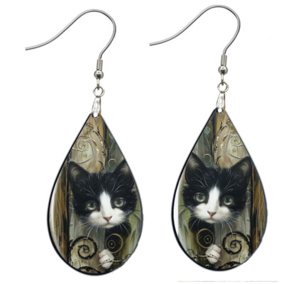 Peeking Tuxedo Cat Earrings NO TARNISHING Dangle Teardrop Contemporary Art Deco