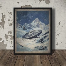 ANTARCTICA ALIEN UFO Wall Art Poster, Retro Sci-fi Flying Saucer Snow Ice Decor
