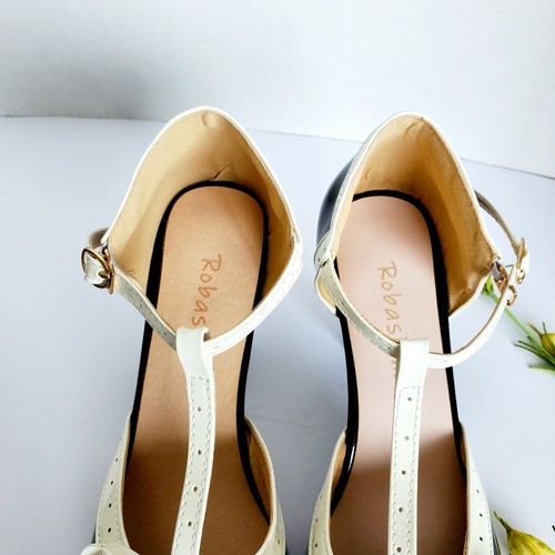 Robasiom Sz 9/ 41 Pin Up T Strap Women's 3.5" High Heels Bow Black & White - Picture 8 of 9