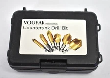 Vouyar 6 Piece Countersink Drill Bit Set w Case 1/4" Hex HSS 5 Flute Assorted