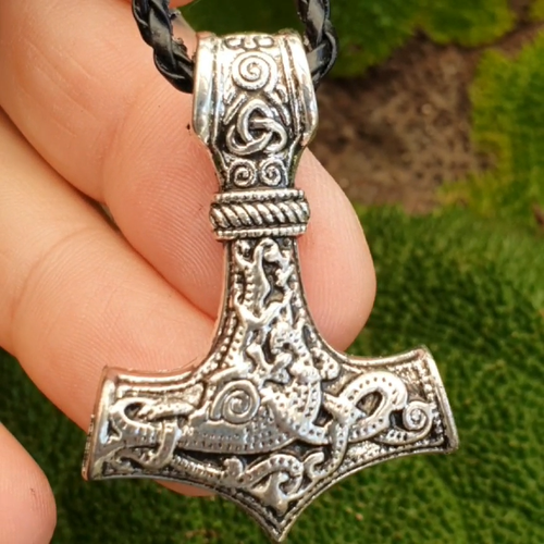Viking Thors Hammer Necklace Pendant Mjolnir Amulet Cord Serpent Norse Pagan - Video 1 of 1