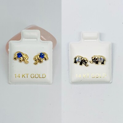 14 Karat Gold Elefant Ohrringe Ohrstecker blau oder weiß CZ - Aretes de Elefante
