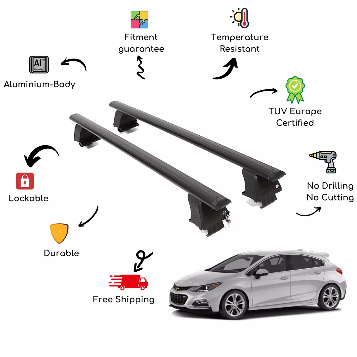 Bare Roof Rack Cross Bars Set for CHEVROLET Cruze II HB 5 Door 16