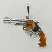 Cognac / Brown BALTIC AMBER Pistol / Colt Pendant - 925 STERLING SILVER #6463e