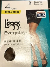 Leggs Everyday Regular Pantyhose 4 Pair Size B SUNTAN Sheer Toe Extra Value NEW