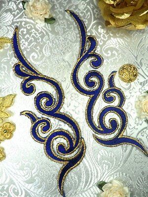 GB89 MIRROR PAIR Blue Gold Metallic Iron On Designer Embroidered Appliques
