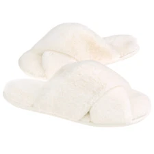 Womens Comfy Slippers Memory Foam Cross Band Open Toe Fuzzy Slides House Shoes 