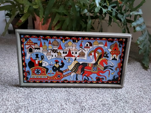 Vintage Ceramic tiles framed Moscow sleigh scene horses colourful - Picture 2 of 5