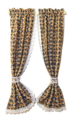 BARBARA O'BRIEN MINIATURES Puppenhaus Landhaus blau & orange Vorhänge auf Schiene Maßstab 1:12 Fensterzubehör