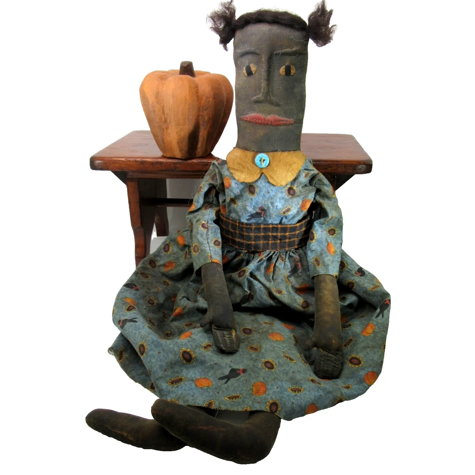 Primitive folk art cloth doll Halloween Fall w/ pumpkin artisan black 31" large - Image 3 of 4