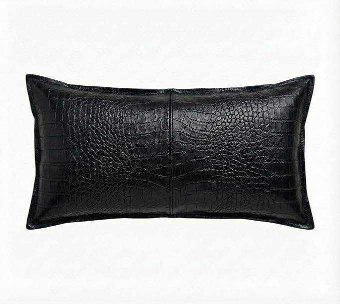 Funda de Almohada Cuero Real Hecha a Mano Estampado Negro Granja Cojín Decorativo Sofá