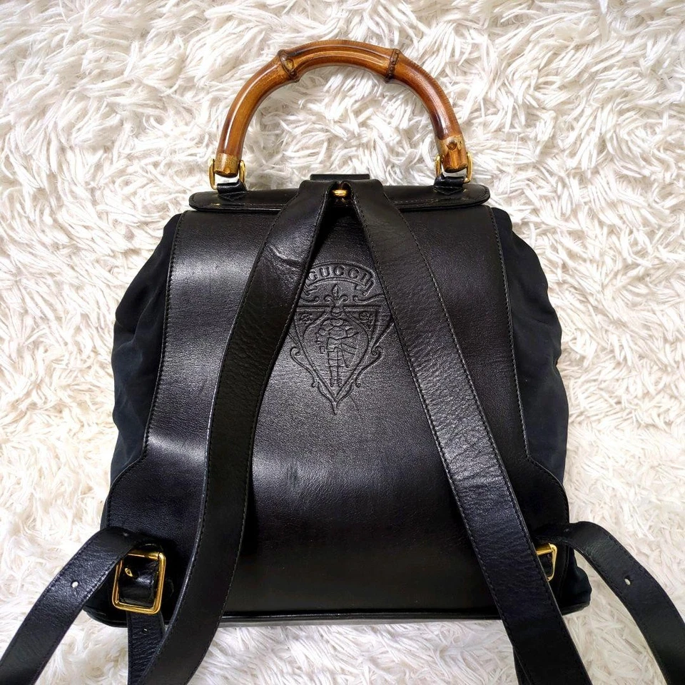 Gucci GG Bamboo Leather Nylon Black 2Way Backpack Handbag Gold Hardware MBc0895 - Image 3 of 4