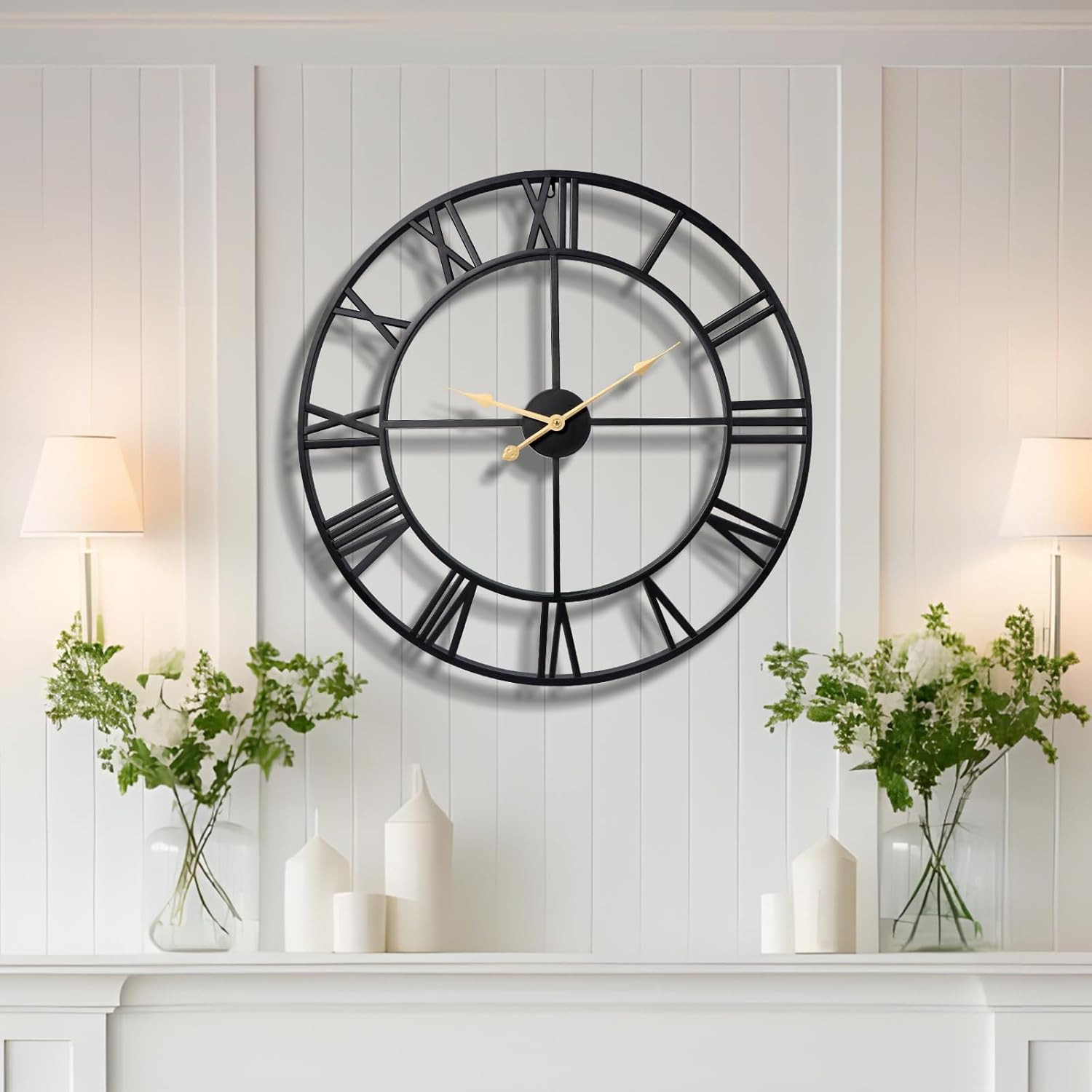 24 Inch Large Wall Clock, Roman Numeral Metal Oversized Wall Clocks for Living R