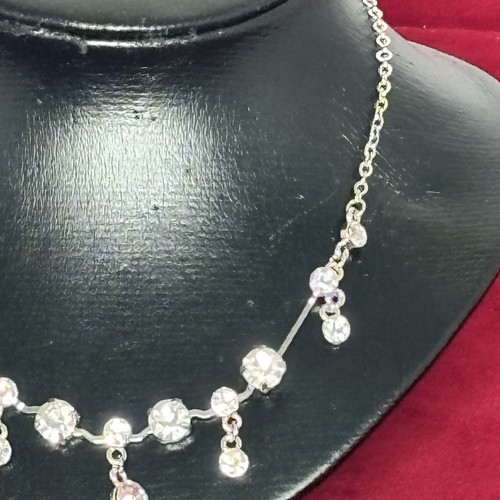 Silver Tone Rhinestone Large Stone Drop Necklace Sparkle Bling Occasion Prom - Picture 4 of 8