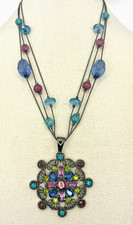 New York And Co Blue Purple Green Rhinestone Pendant 3 Strand Chain Necklace