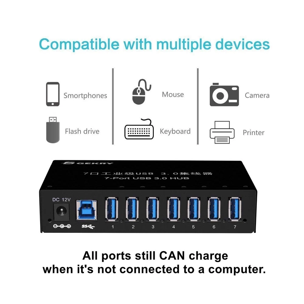USB Hub 3.0 Powered 7-Port Metal Mountable Data Hub with 36W Adapter Type-A