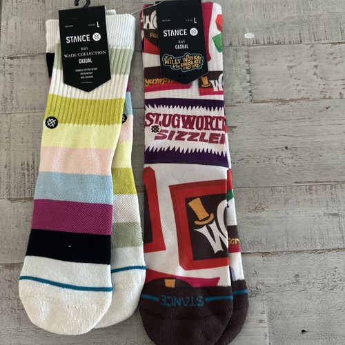 Stance Wonka Bars Kids Crew Socks 2 Pair Large 3-5.5 Youth Willy Wonka & Stripe - Picture 1 of 14