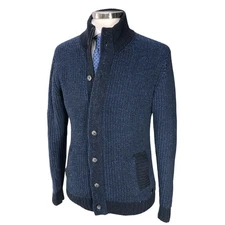Rodd & Gunn Sweater Mens S Navy Lambswool Zip Button Shawl Cardigan *TINY FLAW