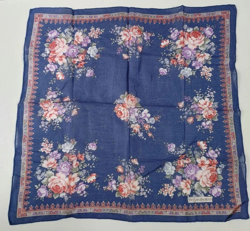 Mouchoir Christian Dior coton 45 cm 17" carré fleur bleu marine