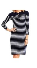 Talbots Dress Medium Navy Blue Stripe Shift Pullover Cotton Lace Up 3/4 sleeve