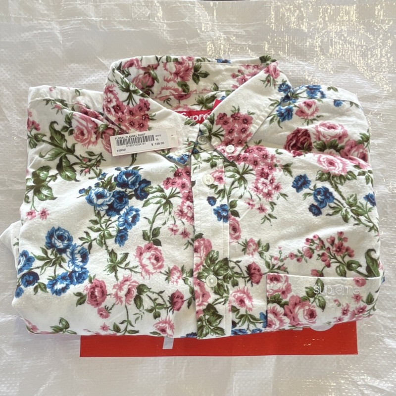 Supreme Floral Flannel Button-Up Shirt White Pink Blue Green XL Long Sleeve