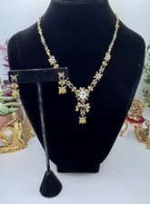VCLM Signed Citrine Rhinestone Necklace And Earrings Set Victorian Revival