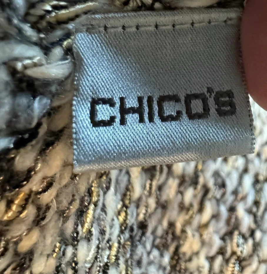 Chico's Mantón Tejido Metálico Flecos Envoltura Gris Beige Azul Dorado Mezcla de Lana Boho Foto 2 de 4