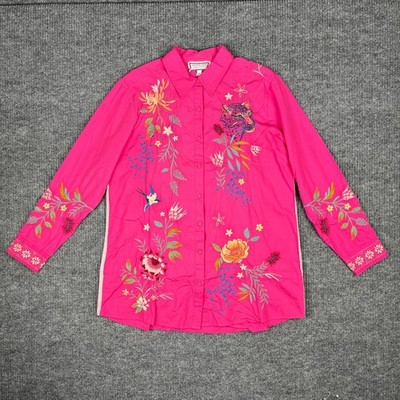 Johnny Was Button Up Womens M Indalo Tunic Pink All Over Embroidery Floral Bird