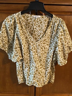 Madewell V-Neck Puff Sleeve Top Batik Vine Mustard Tan  M Cotton Praire Boho