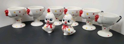 Vtg Japan Polka Dot Rooster Egg Cups & Chick Shakers Lot As-Is Mid Century