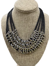 Industrial Chic Edgy Statement Necklace Multi Strand Black Cord Silver Metal
