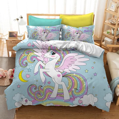 3D Unicorn Rainbow Cloud Kids Blue Quilt Cover Set Bedding Sets Pillowcases 64