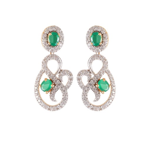 2,05 Cts Runde Brilliant Cut Diamanten Smaragd Baumeln Ohrringe In 750 18K Gold - 第 1/3 張圖片